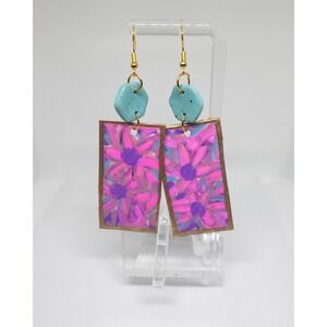 Paper Dangle Earrings, Pink Floral Mixed Media Art Jewelry, Boho Statement Drop